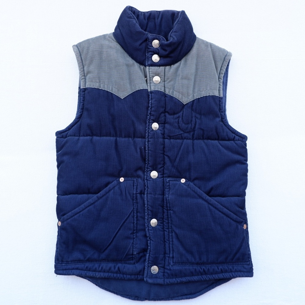 True Religion Carter Vest Jacket Mens Medium Navy Blue Gray Corduroy